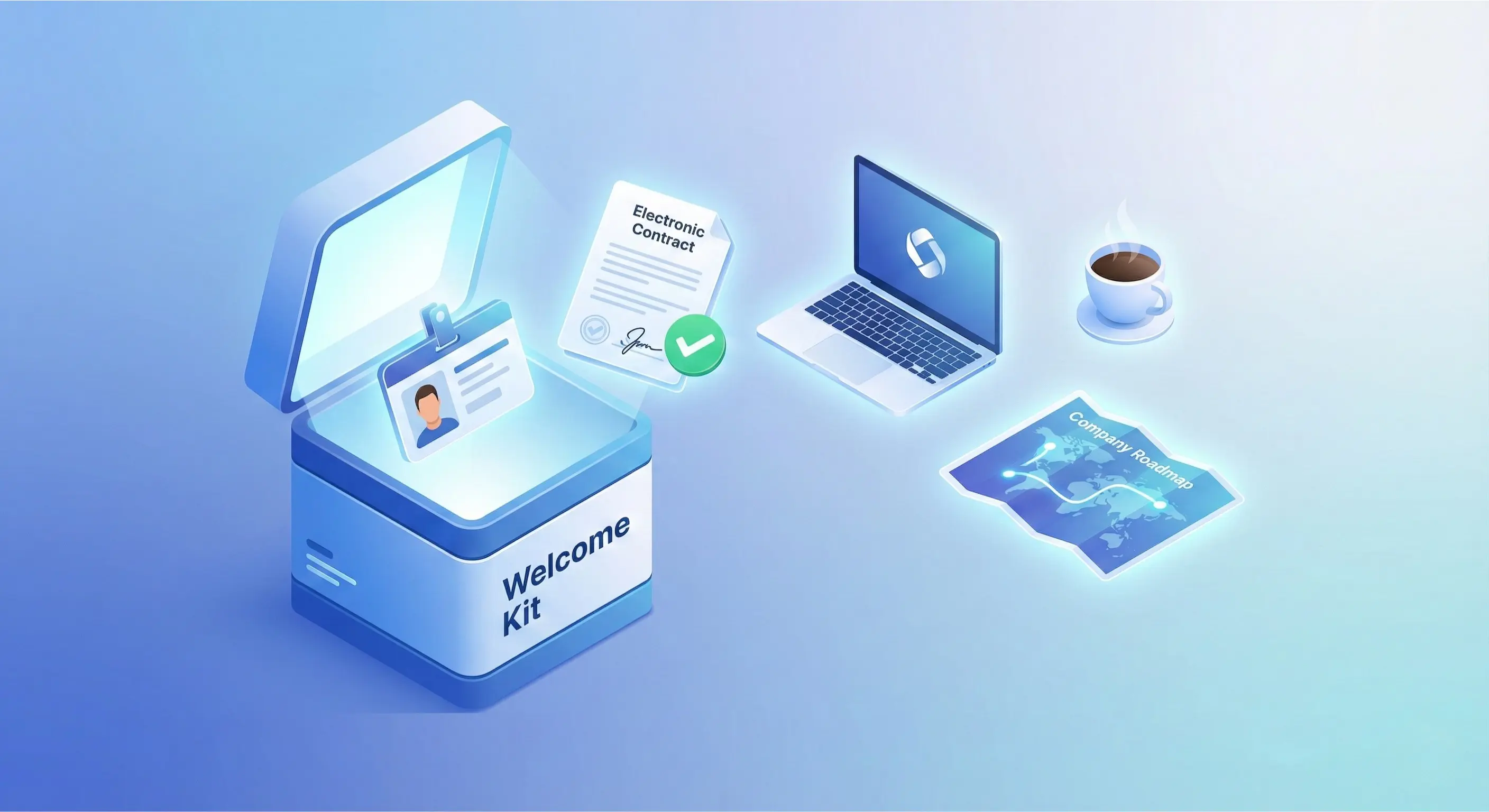 3D illustration of a digital employee onboarding kit with contracts, hardware, and company roadmaps.