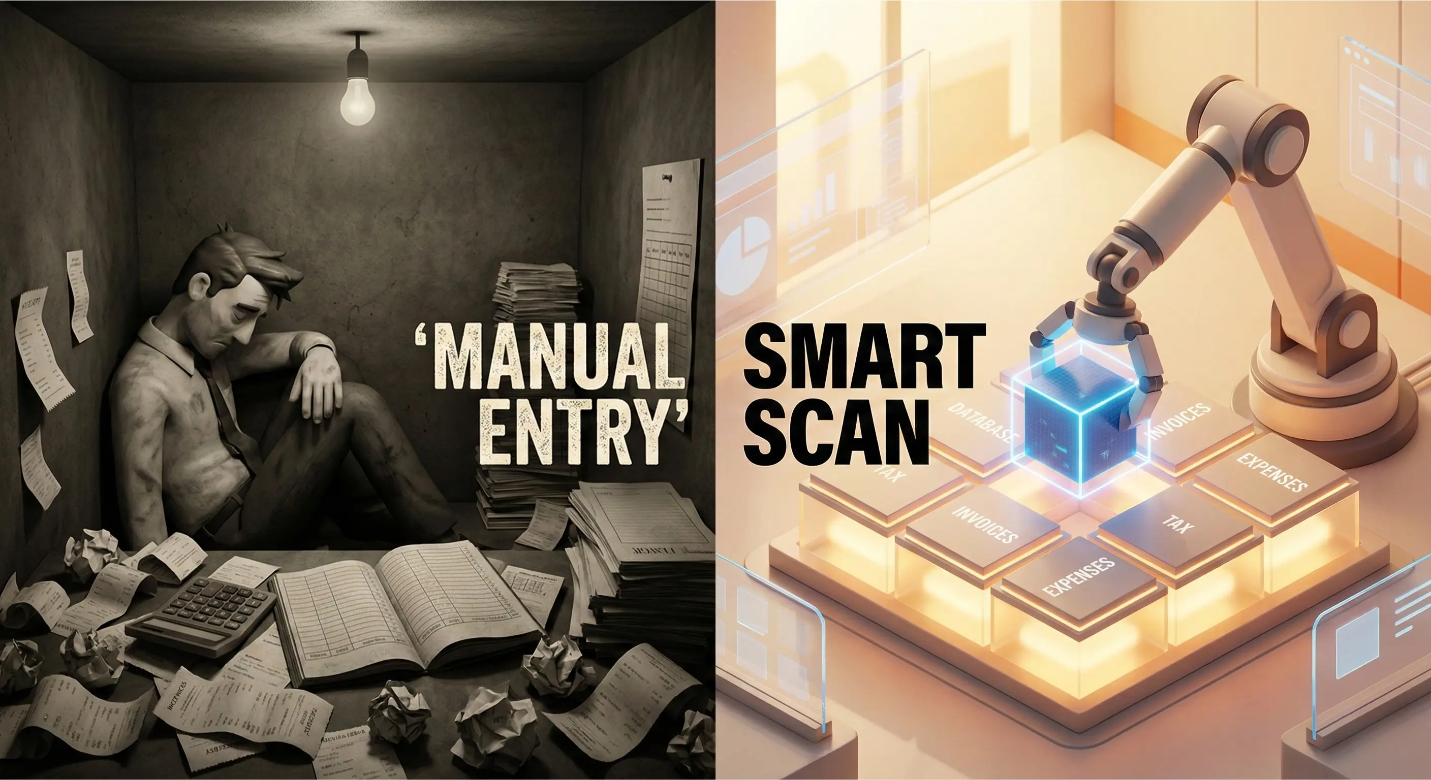 Comparison of stressful manual data entry versus automated AI bookkeeping and smart scanning technology.