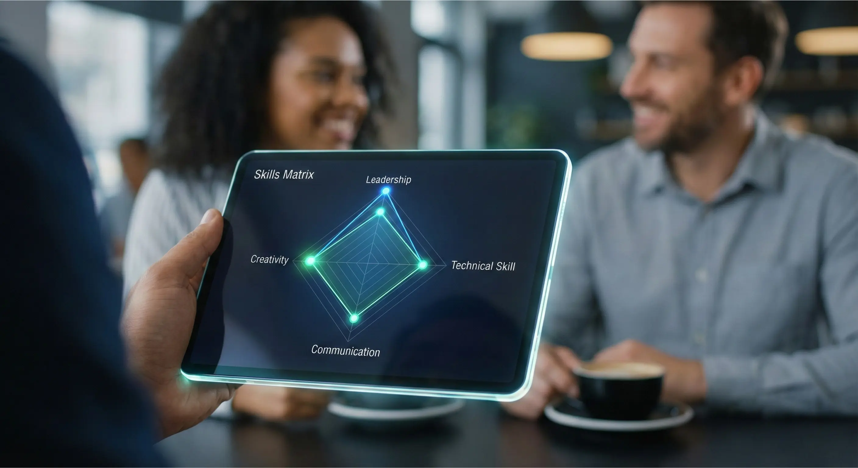 Tablet displaying a digital skills matrix and performance radar chart for employee development.