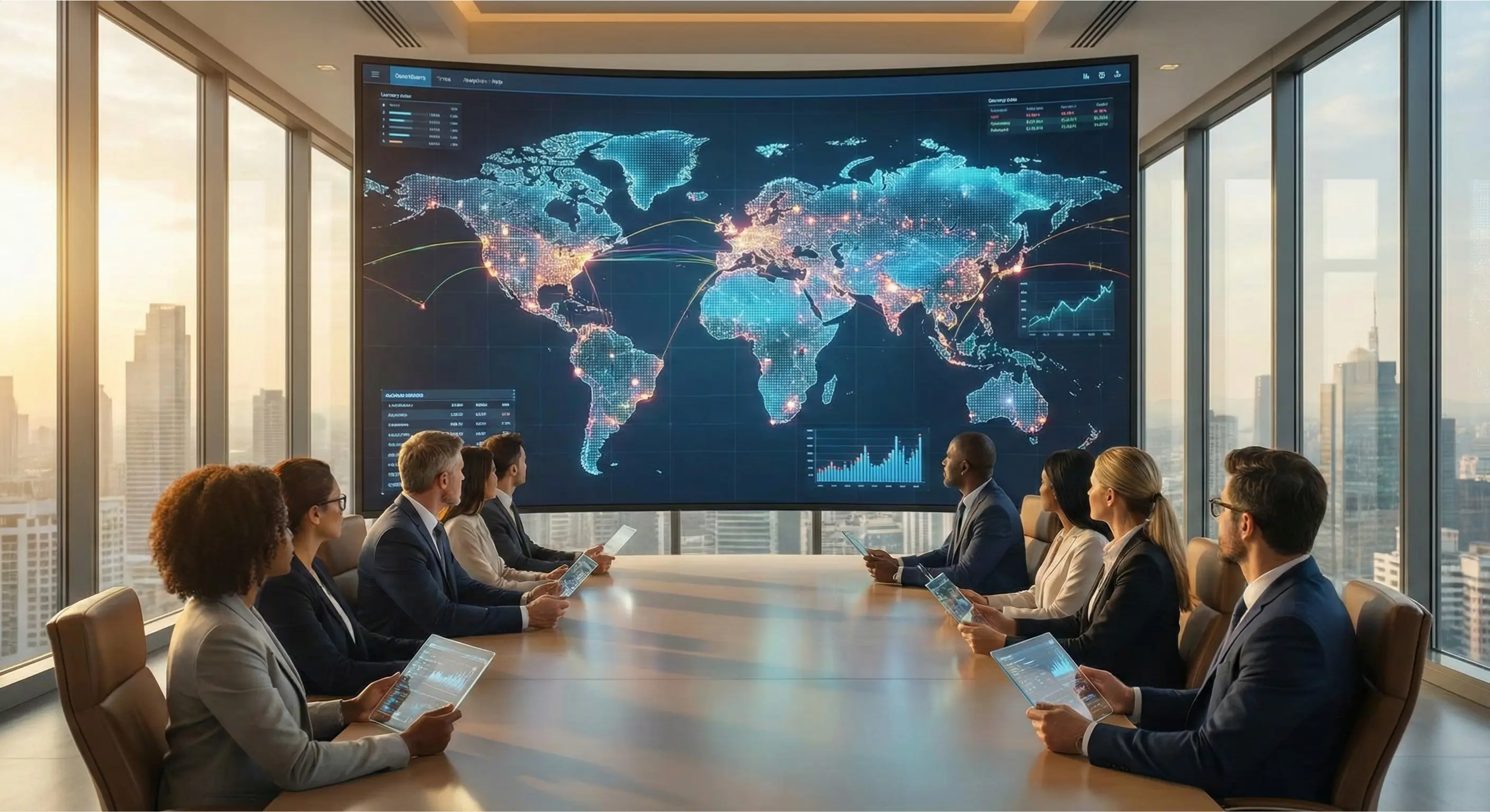 Executive team using real-time interactive dashboards on a video wall for strategic decision making.