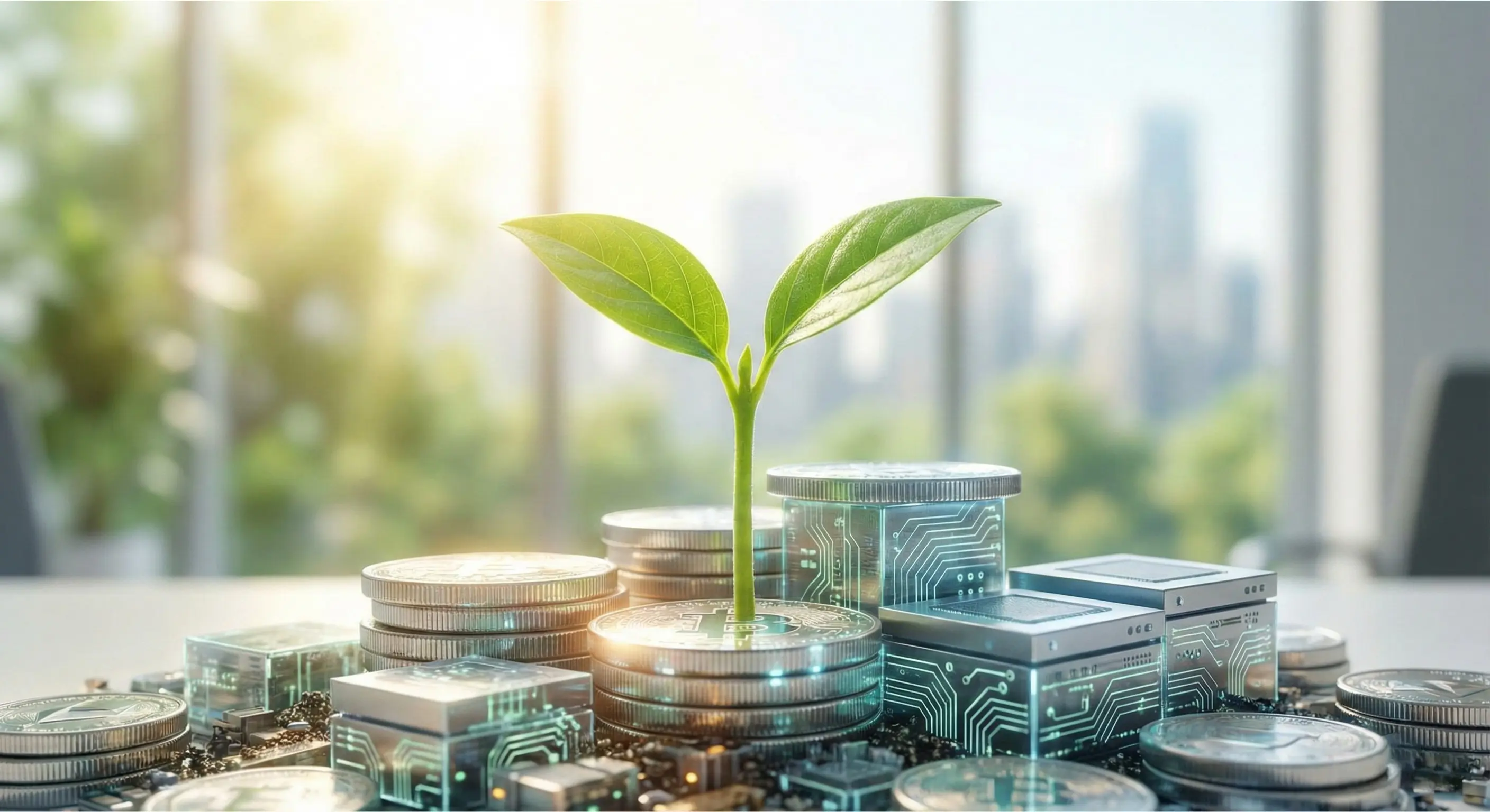 Green plant growing from digital blocks representing sustainable business growth through financial technology.