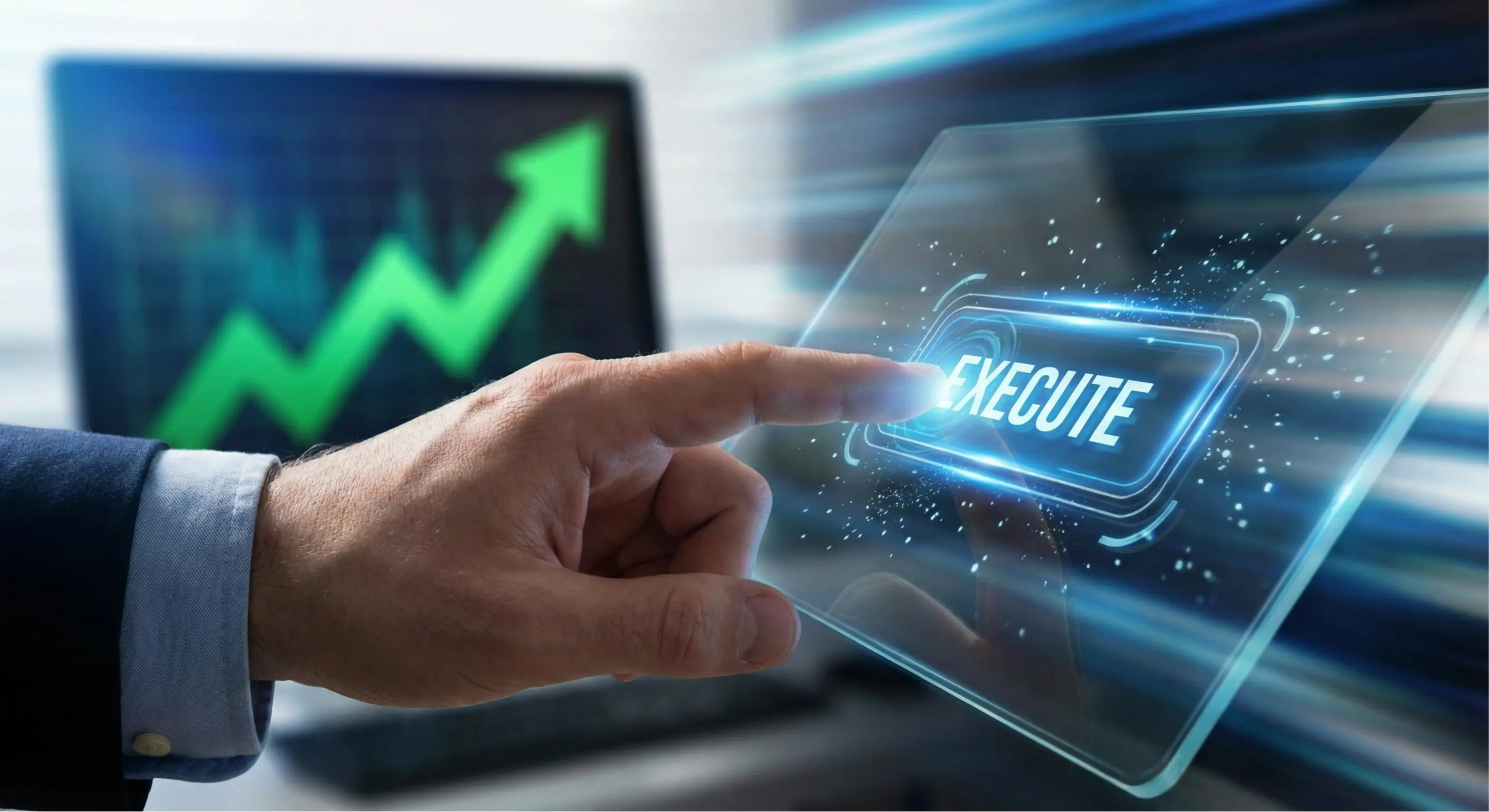 Business leader making a confident data-driven decision using business intelligence insights.