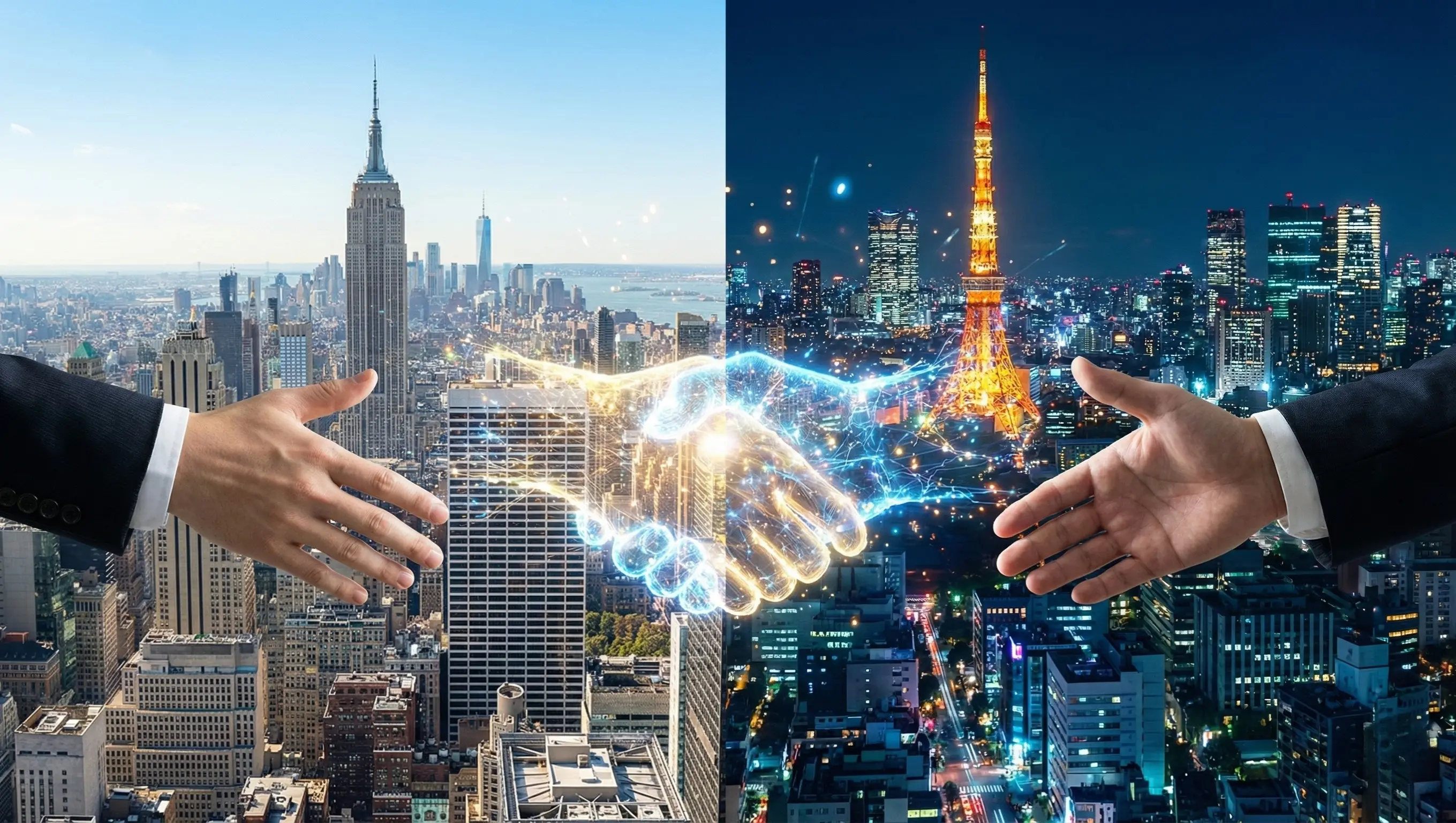Digital handshake between two time zones representing successful international collaboration.