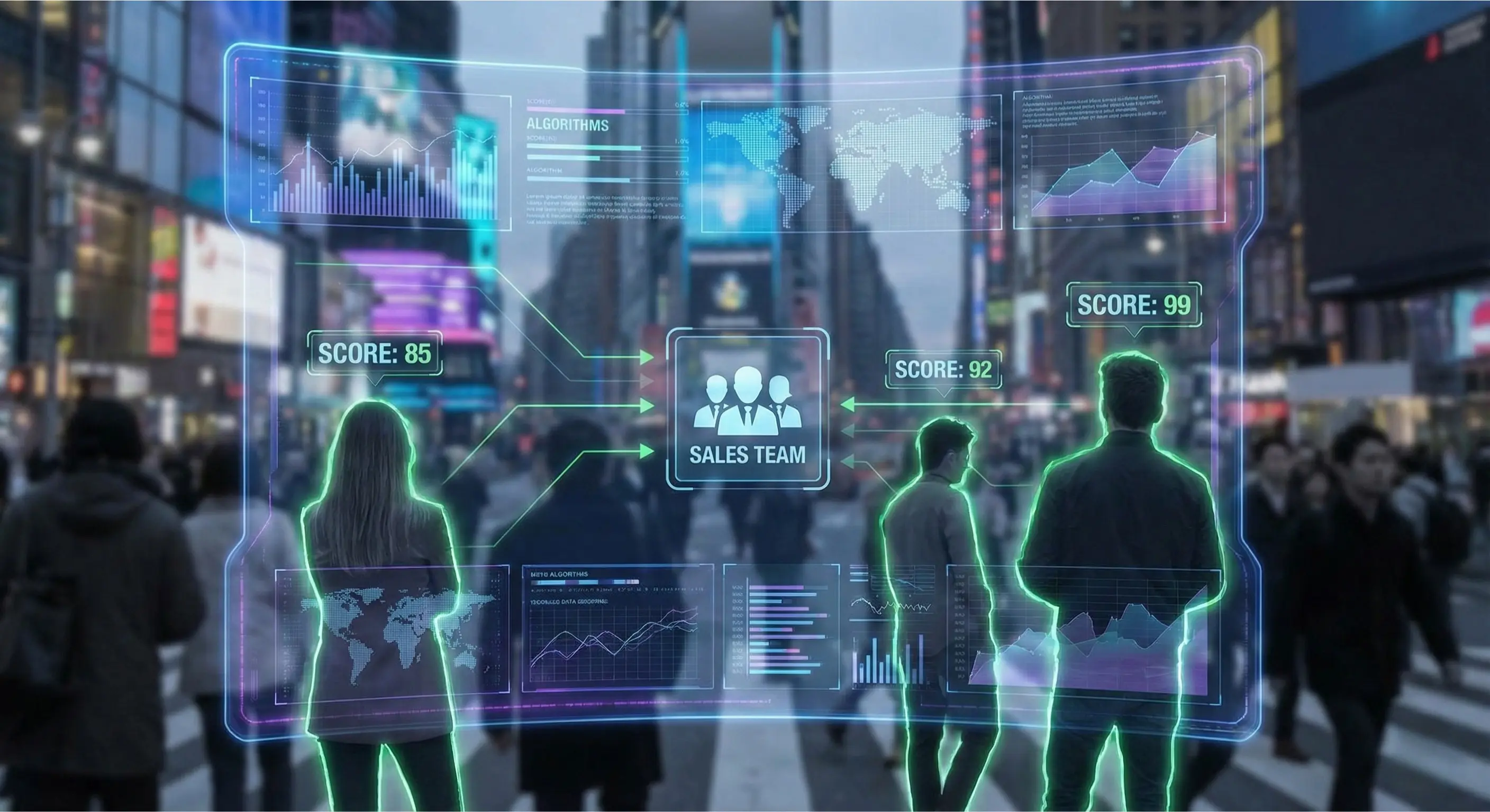 Holographic lead scoring system identifying high-value prospects in a crowd for the sales team.