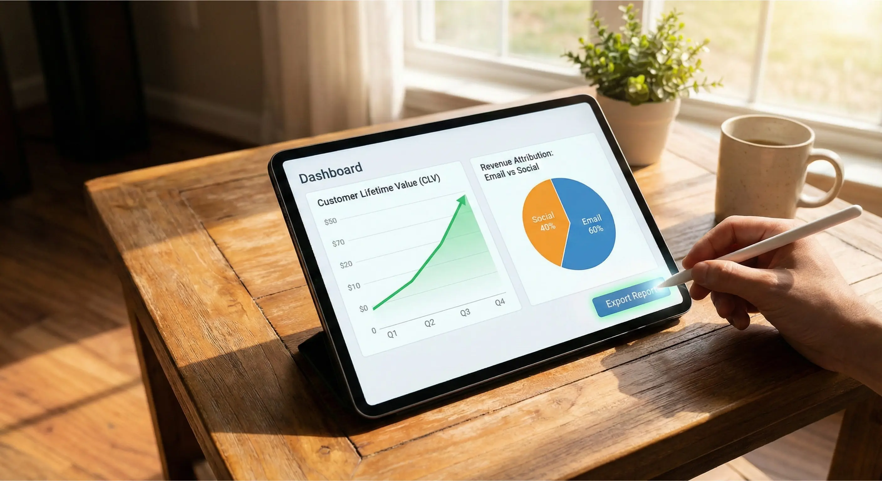 Tablet dashboard showing positive ROI and Customer Lifetime Value growth from marketing automation.