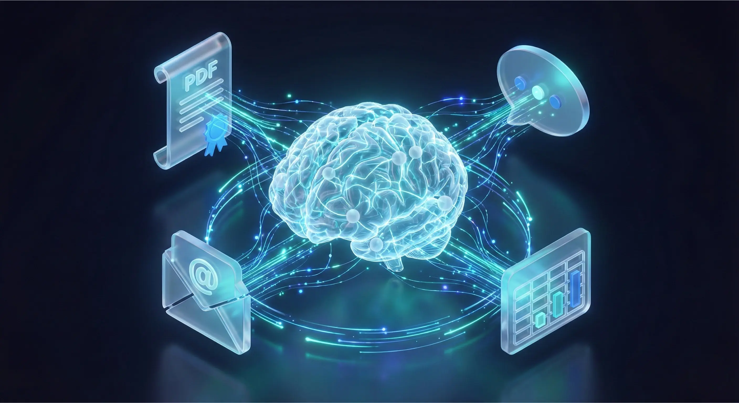 An isometric illustration of a glowing, translucent blue digital brain at the center of a dark platform. Four frosted glass icons—a PDF document, an email envelope with an '@' symbol, a chat bubble with dots, and a spreadsheet with a bar chart—are positioned around the brain. Glowing blue and cyan light trails and neural network lines connect all four icons to the central brain, symbolizing data integration.